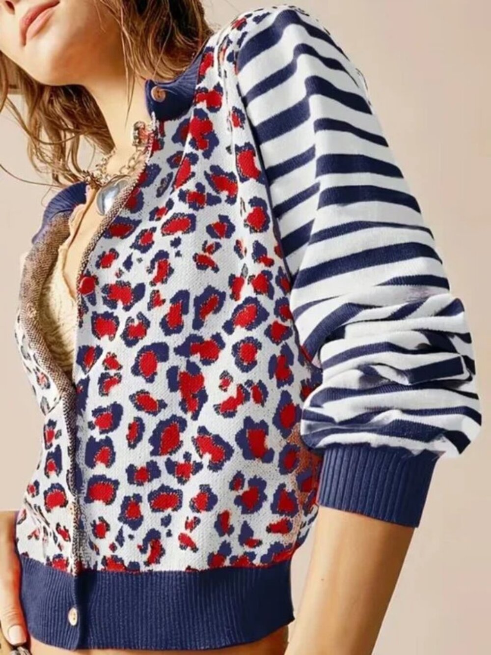 Leopard Print Striped Long-Sleeve Cardigan Sweater